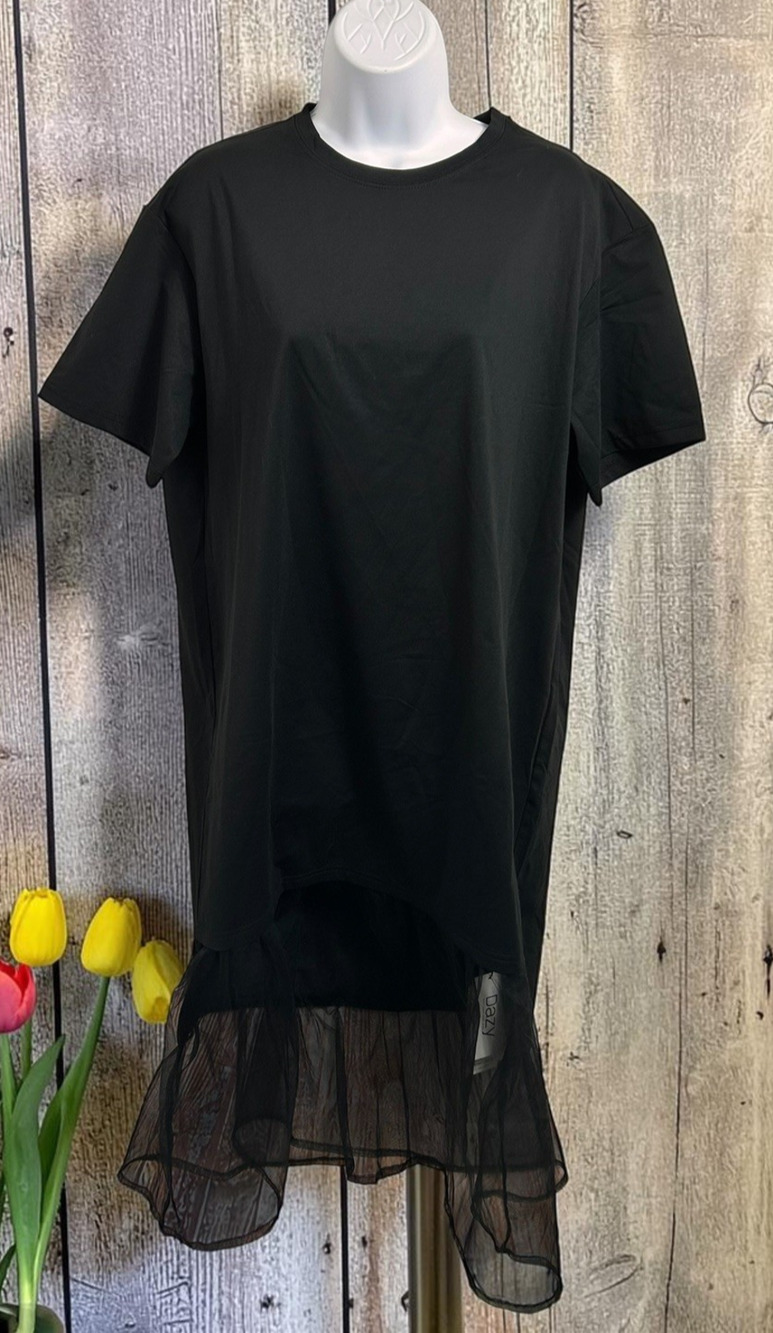 Dazy Black T-Shirt Midi Dress Sz Large Tulle Mesh Hem Short Sleeve Unique New